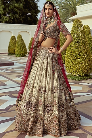 Golden Tissue Silk Floral Embroidered Bridal Lehenga Set by ROQA | Siddharth Khurana & Kartik Khurana