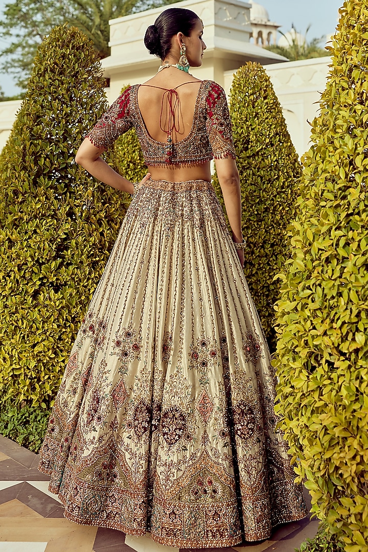 Golden Tissue Silk Floral Embroidered Bridal Bridal Lehenga Set by ROQA | Siddharth Khurana & Kartik Khurana at Pernia's Pop Up Shop