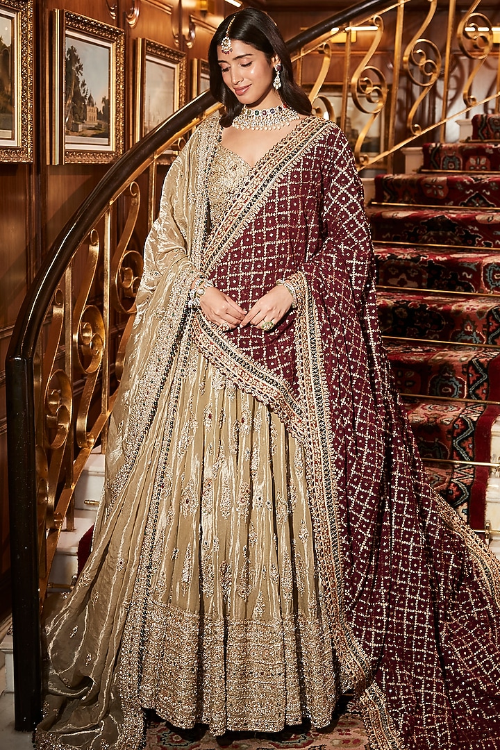 Golden Pure Tissue Zardosi Hand Embroidered Bridal Lehenga Set by ROQA | Siddharth Khurana & Kartik Khurana at Pernia's Pop Up Shop