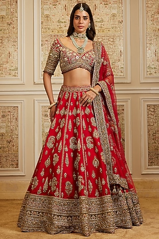 Deep Red Raw Silk Golden Thread Embroidered Lehenga Set by ROQA | Siddharth Khurana & Kartik Khurana
