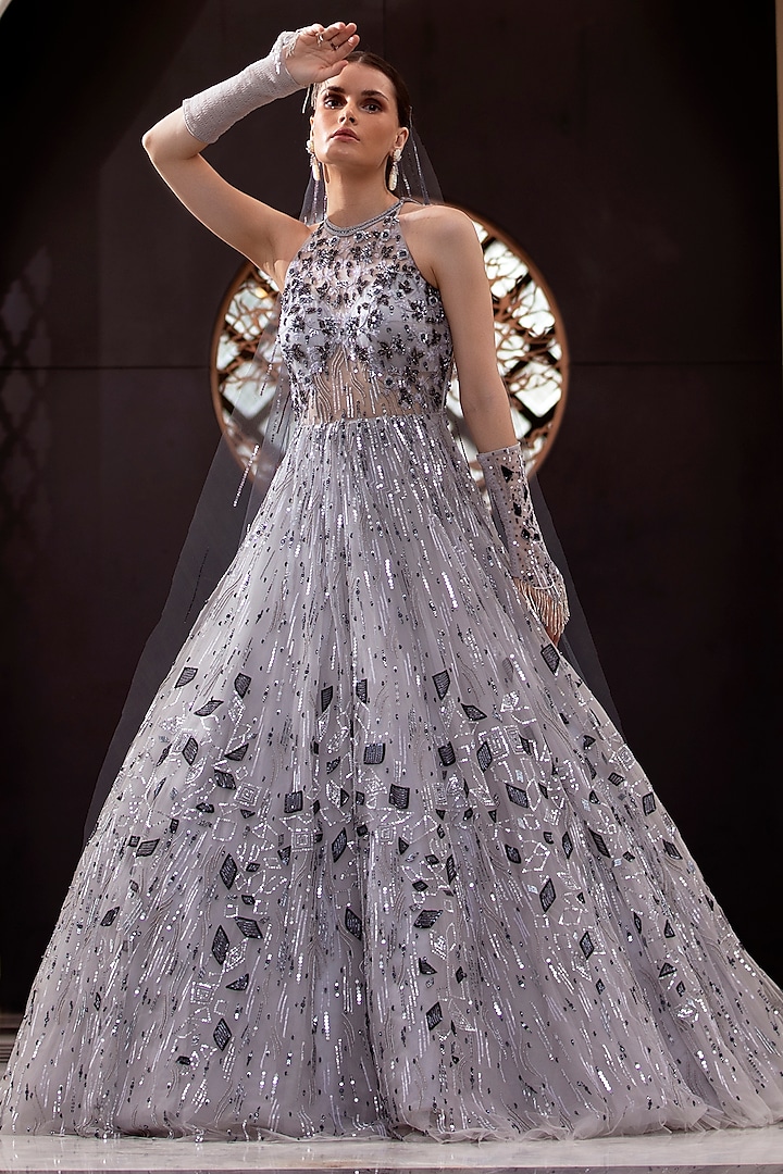 Silver Grey Embroidered Gown by ROQA