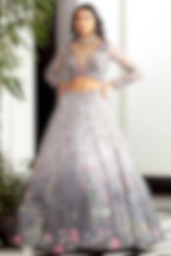 Grey Ombre Embroidered Lehenga Set by ROQA