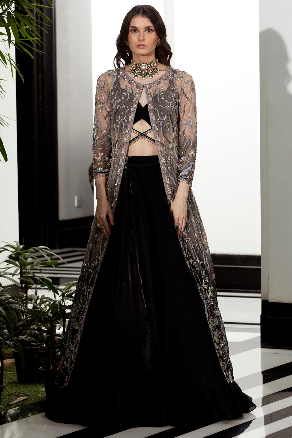 Buy Black Georgette Pre-stitched Saree With Embellished Long Jacket For  Women by Onaya Online at Aza Fashions.