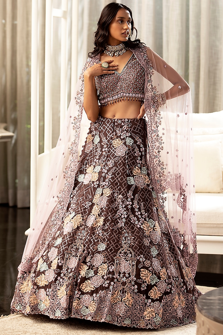 Mocha Brown Embroidered Bridal Lehenga Set by ROQA at Pernia's Pop Up Shop