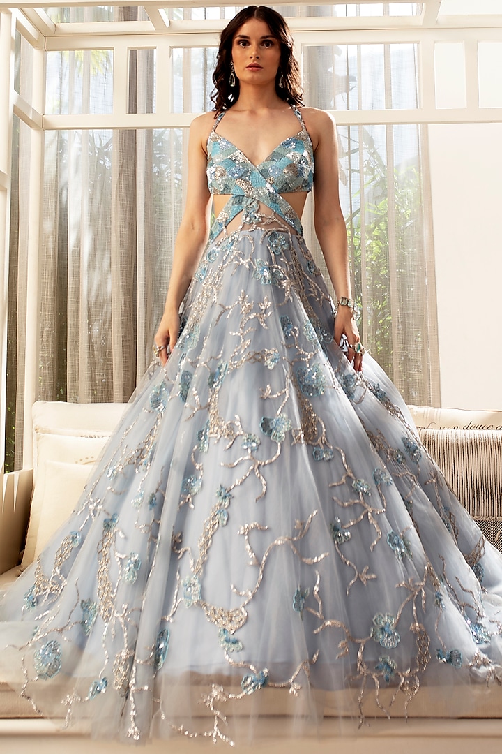 Powder Blue Embroidered Gown by ROQA
