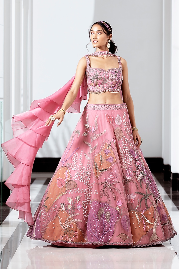French Rose Embroidered Lehenga Set by ROQA