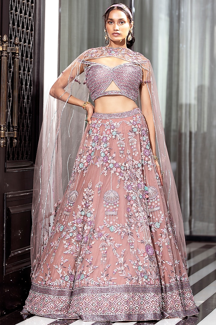 Onion Pink Embroidered Lehenga Set by ROQA