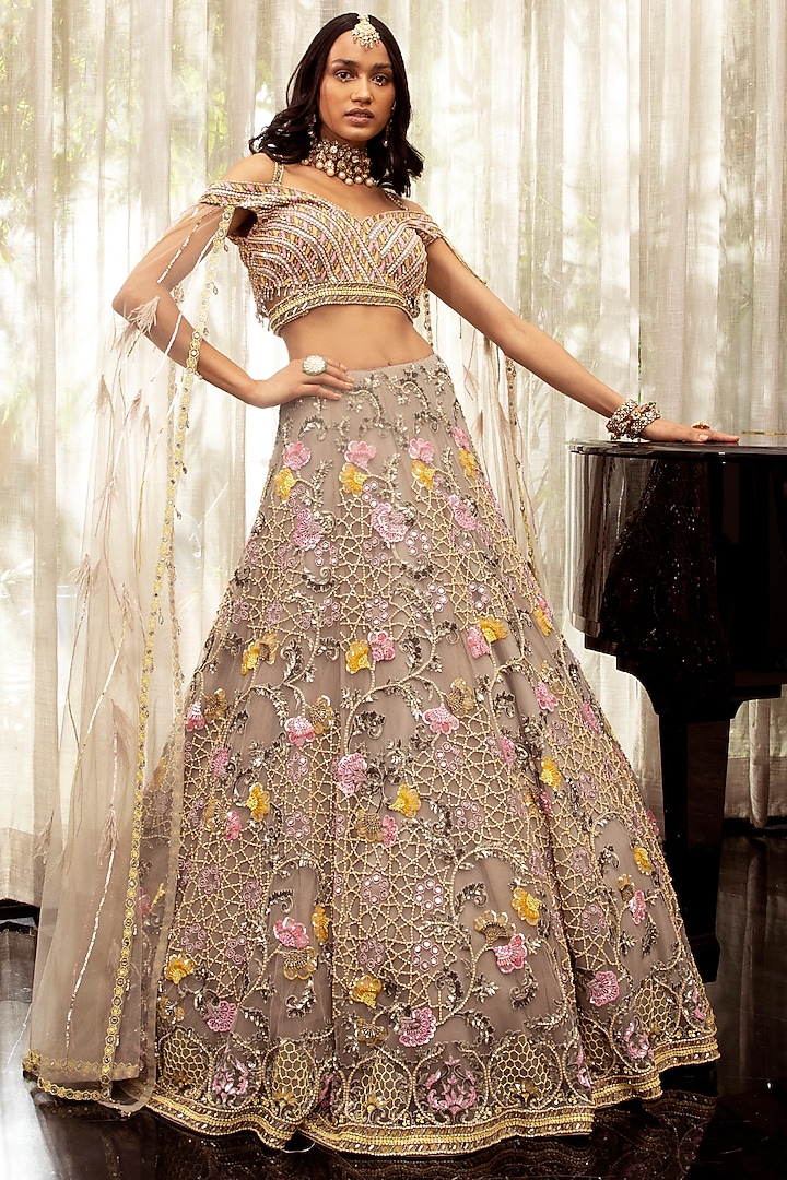 Grey & Gold Embroidered Lehenga Set by ROQA