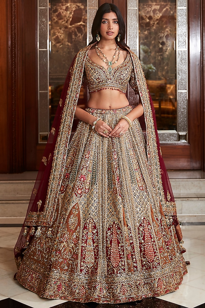Multi-Colored Net Floral Motif Embroidered Bridal Lehenga Set by ROQA | Siddharth Khurana & Kartik Khurana at Pernia's Pop Up Shop