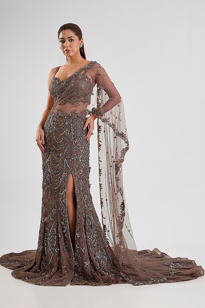 Brown Net Skirt Set by ROQA | Siddharth Khurana & Kartik Khurana at Pernia's Pop Up Shop