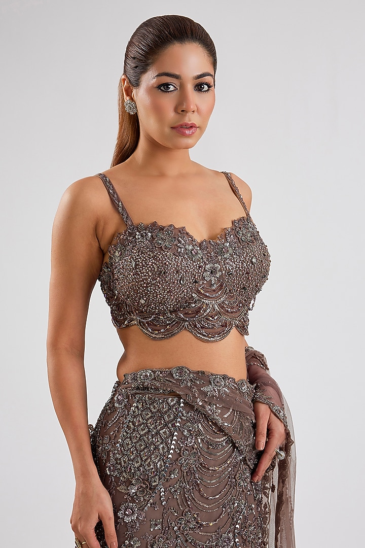 Brown Net Skirt Set by ROQA | Siddharth Khurana & Kartik Khurana at Pernia's Pop Up Shop
