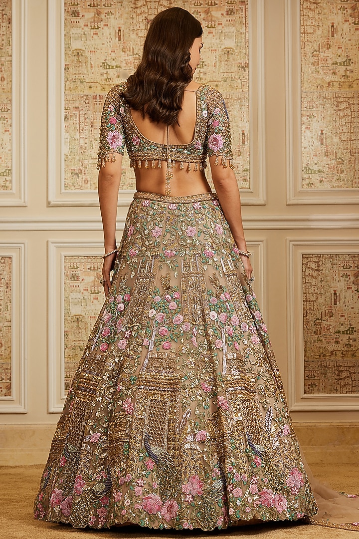 Golden Net Majestic Peacock Embroidered Bridal Lehenga Set by ROQA | Siddharth Khurana & Kartik Khurana at Pernia's Pop Up Shop