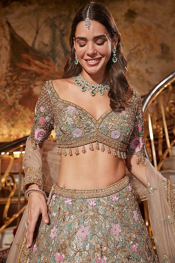 Golden Net Majestic Peacock Embroidered Bridal Lehenga Set by ROQA | Siddharth Khurana & Kartik Khurana at Pernia's Pop Up Shop