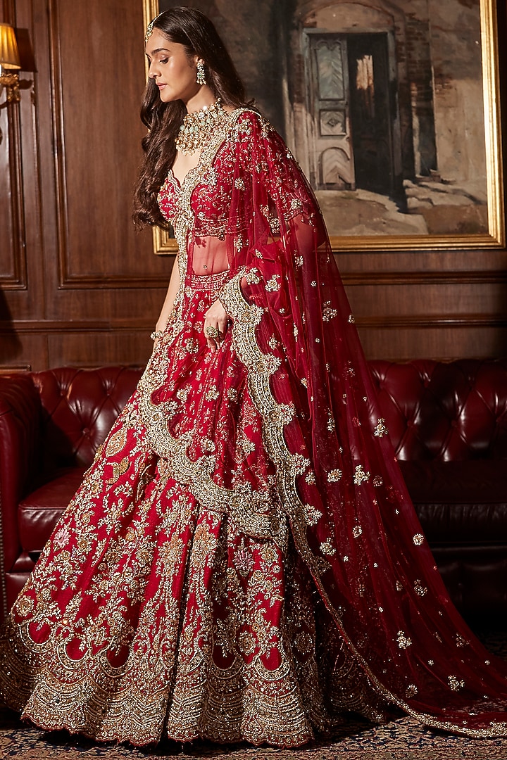 Deep Red Raw Silk Lotif Motif Hand Embroidered Bridal Lehenga Set by ROQA | Siddharth Khurana & Kartik Khurana at Pernia's Pop Up Shop