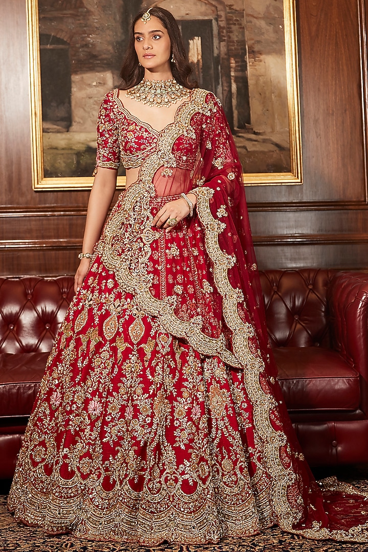 Deep Red Raw Silk Lotif Motif Hand Embroidered Bridal Lehenga Set by ROQA | Siddharth Khurana & Kartik Khurana at Pernia's Pop Up Shop