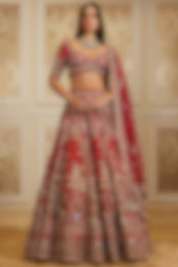 Deep Red Raw Silk Zardosi Hand Embroidered Bridal Lehenga Set by ROQA | Siddharth Khurana & Kartik Khurana at Pernia's Pop Up Shop
