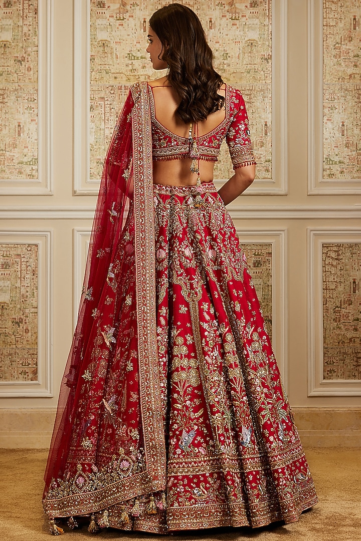 Deep Red Raw Silk Zardosi Hand Embroidered Bridal Lehenga Set by ROQA | Siddharth Khurana & Kartik Khurana at Pernia's Pop Up Shop