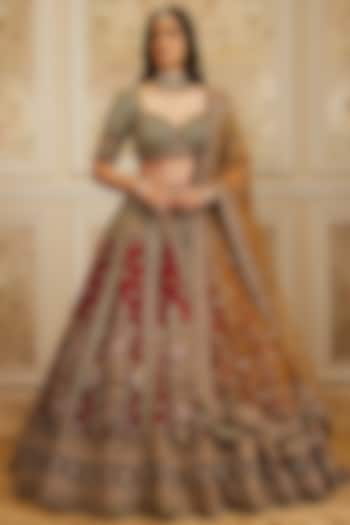 Deep Red Raw Silk Zardosi & Sequins Embroidered Bridal Lehenga Set by ROQA | Siddharth Khurana & Kartik Khurana at Pernia's Pop Up Shop