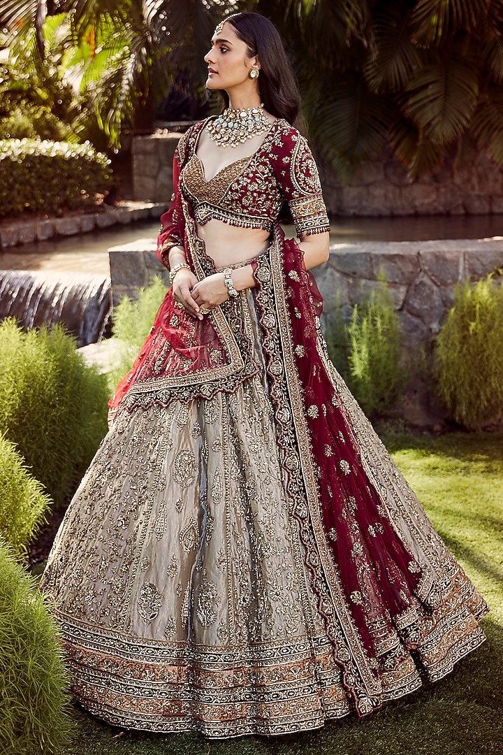 Gold Pure Tissue Zardosi Embroidered Bridal Lehenga Set by ROQA | Siddharth Khurana & Kartik Khurana at Pernia's Pop Up Shop