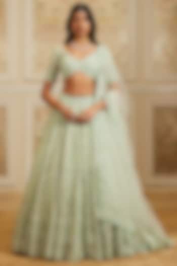 Sea Green Net Floral & Beads Embroidered Bridal Lehenga Set by ROQA | Siddharth Khurana & Kartik Khurana at Pernia's Pop Up Shop