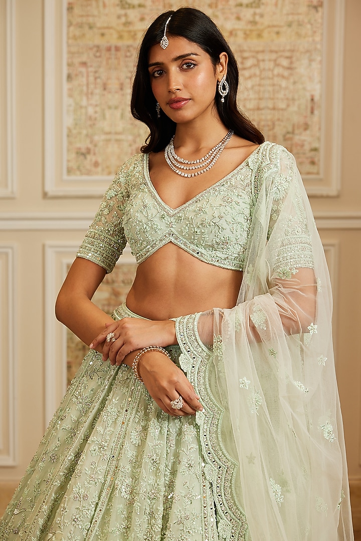 Sea Green Net Floral & Beads Embroidered Bridal Lehenga Set by ROQA | Siddharth Khurana & Kartik Khurana at Pernia's Pop Up Shop