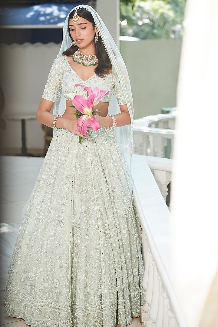 Sea Green Net Floral & Beads Embroidered Bridal Lehenga Set by ROQA | Siddharth Khurana & Kartik Khurana at Pernia's Pop Up Shop