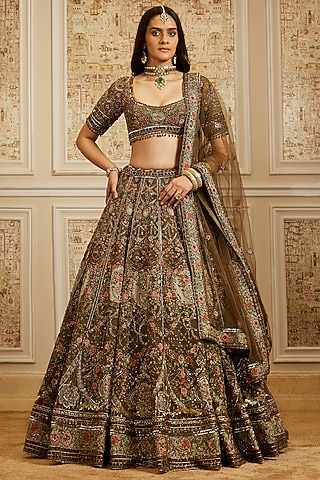 Olive Green Net Zari & Floral Motif Embroidered Lehenga Set by ROQA | Siddharth Khurana & Kartik Khurana