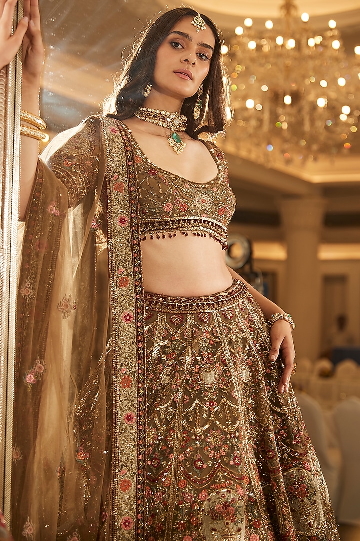 Olive Green Net Zari & Floral Motif Embroidered Bridal Lehenga Set by ROQA | Siddharth Khurana & Kartik Khurana at Pernia's Pop Up Shop