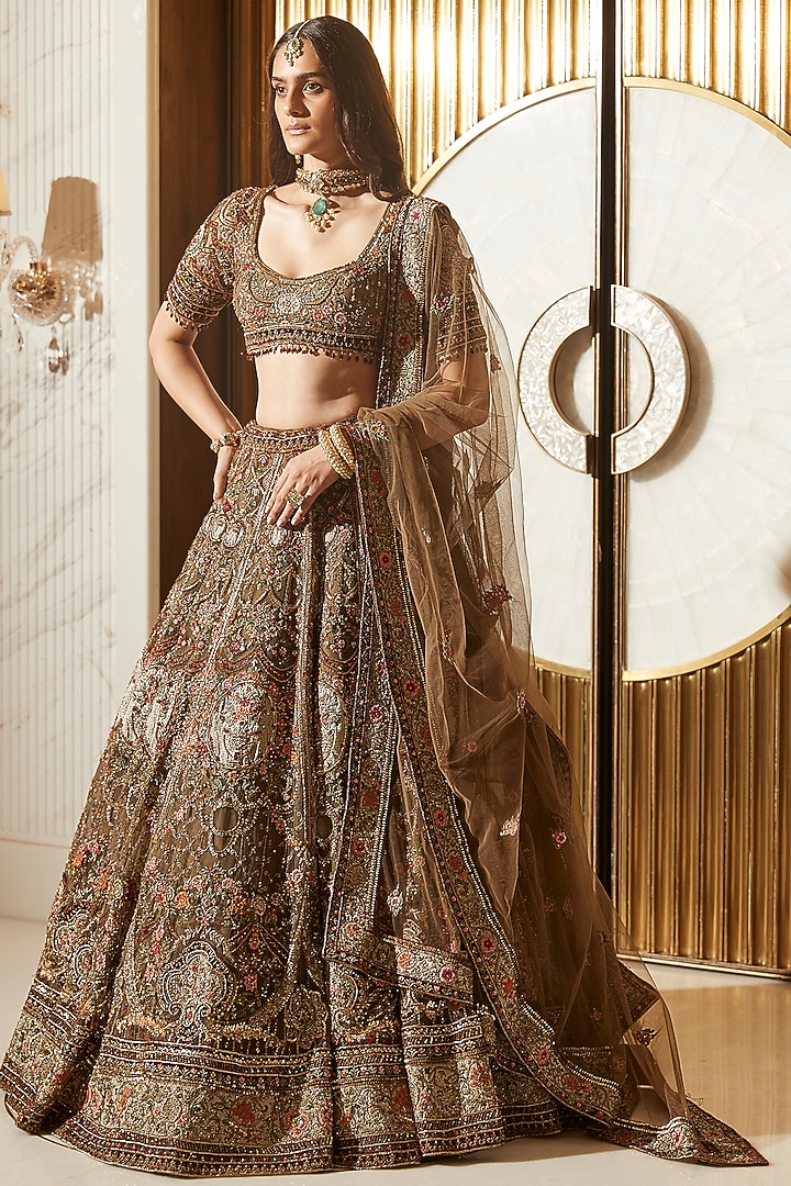Olive Green Net Zari & Floral Motif Embroidered Bridal Lehenga Set by ROQA | Siddharth Khurana & Kartik Khurana at Pernia's Pop Up Shop