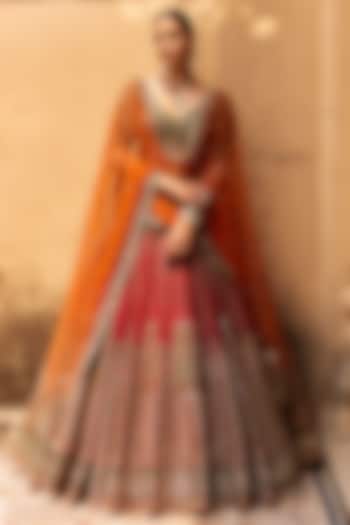 Red Raw Silk Dabka & Dori Embroidered Bridal Lehenga Set by ROQA | Siddharth Khurana & Kartik Khurana at Pernia's Pop Up Shop