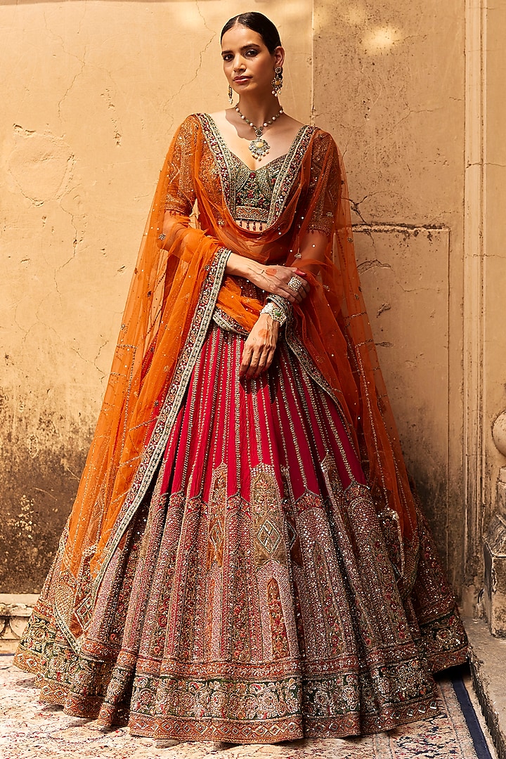 Red Raw Silk Dabka & Dori Embroidered Bridal Lehenga Set by ROQA | Siddharth Khurana & Kartik Khurana at Pernia's Pop Up Shop