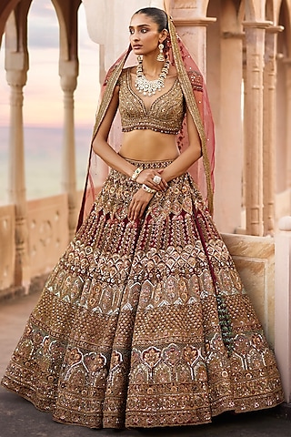 Red Raw Silk Dabka Embroidered Lehenga Set by ROQA | Siddharth Khurana & Kartik Khurana