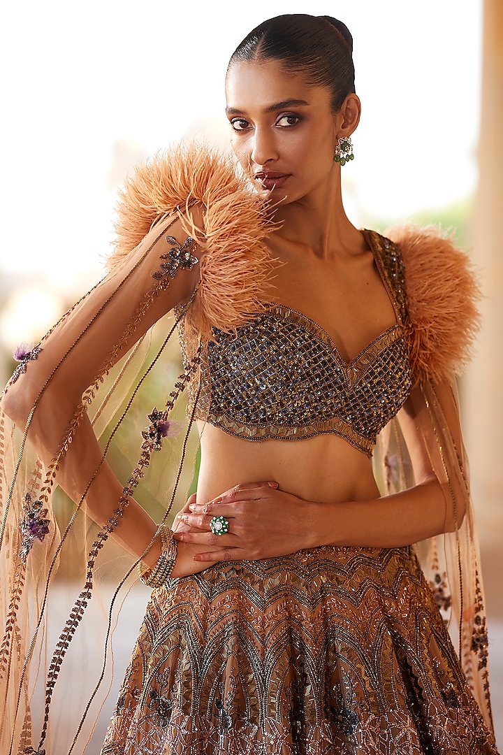 Peach Organza Shaded Bridal Lehenga Set by ROQA | Siddharth Khurana & Kartik Khurana at Pernia's Pop Up Shop