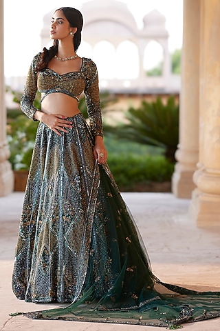 Blue Net Sequins Embellished Lehenga Set by ROQA | Siddharth Khurana & Kartik Khurana