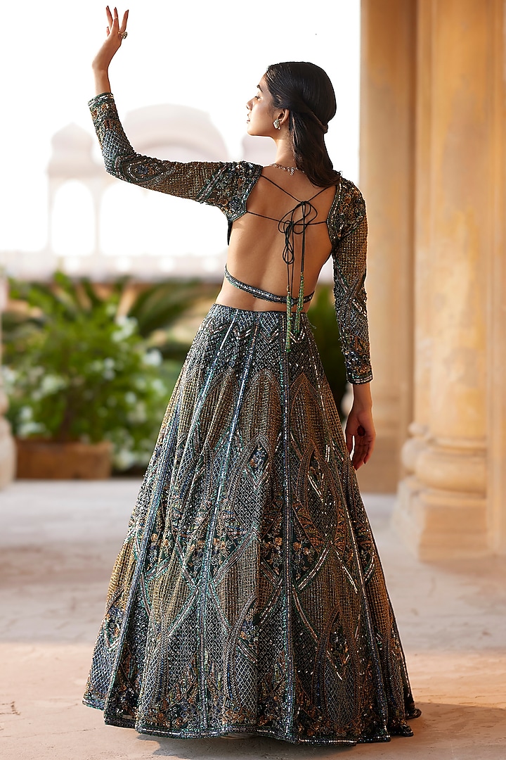 Blue Net Sequins Embellished Bridal Lehenga Set by ROQA | Siddharth Khurana & Kartik Khurana at Pernia's Pop Up Shop