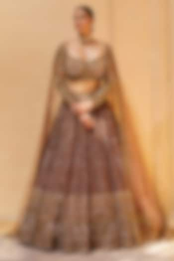 Brown Raw Silk Sequins & Cutdana Embroidered Bridal Lehenga Set by ROQA at Pernia's Pop Up Shop