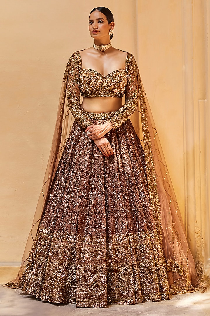 Brown Raw Silk Sequins & Cutdana Embroidered Bridal Lehenga Set by ROQA at Pernia's Pop Up Shop