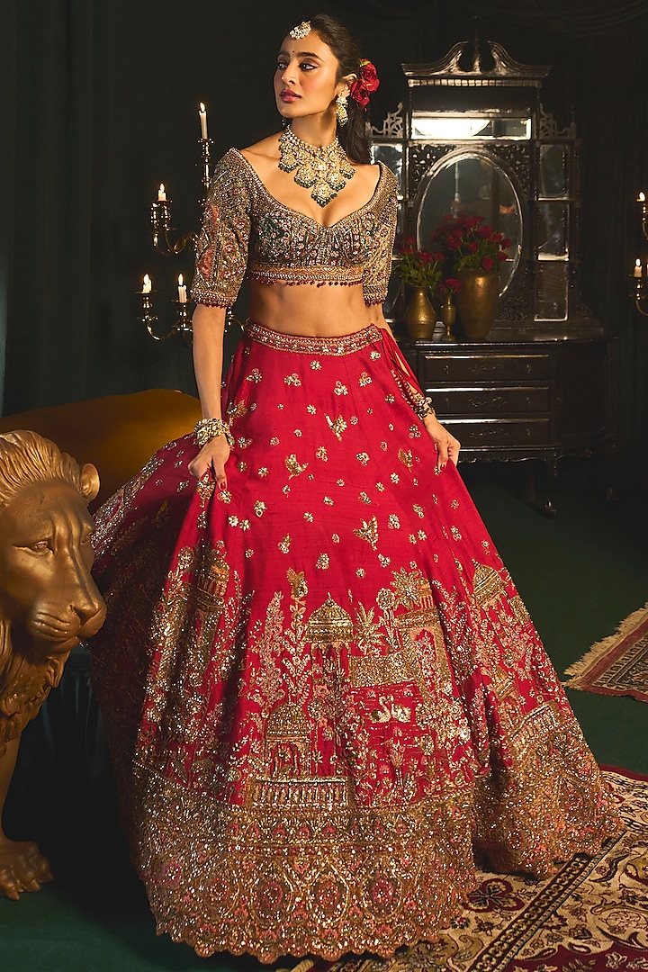 Red Raw Silk Zari Embroidered Bridal Lehenga Set by ROQA at Pernia's Pop Up Shop