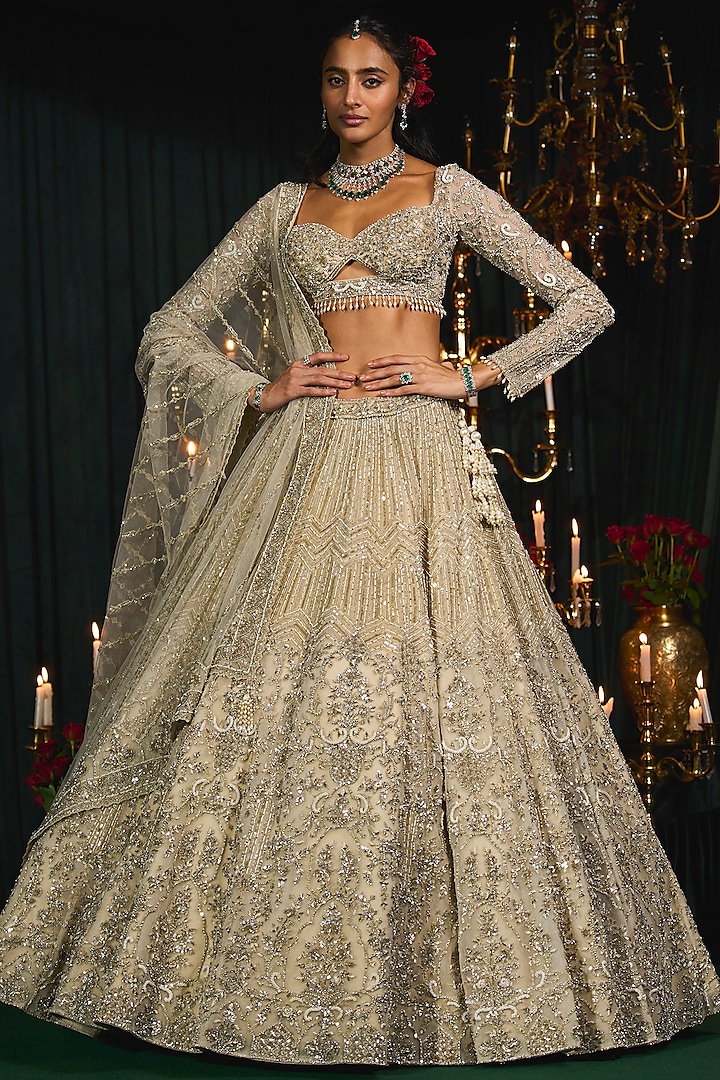 Ivory Net Thread Embroidered Bridal Lehenga Set by ROQA at Pernia's Pop Up Shop