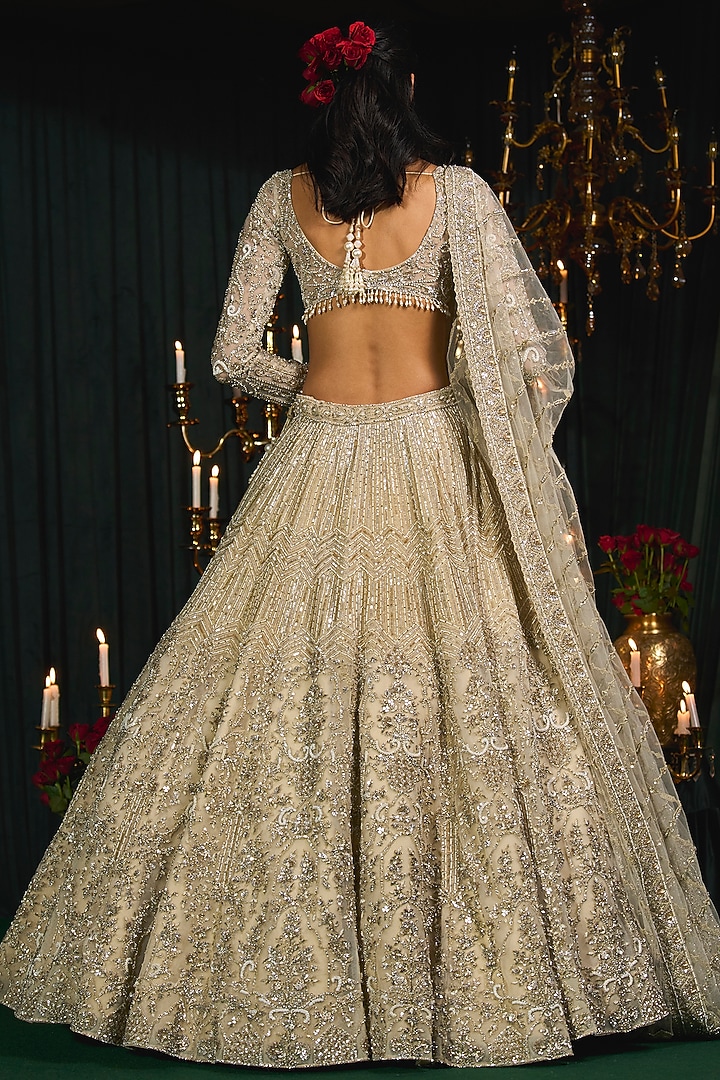 Ivory Net Thread Embroidered Bridal Lehenga Set by ROQA | Siddharth Khurana & Kartik Khurana at Pernia's Pop Up Shop