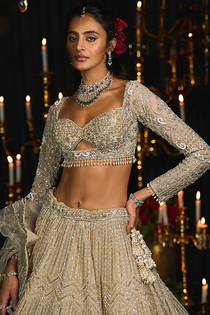 Ivory Net Thread Embroidered Bridal Lehenga Set by ROQA | Siddharth Khurana & Kartik Khurana at Pernia's Pop Up Shop
