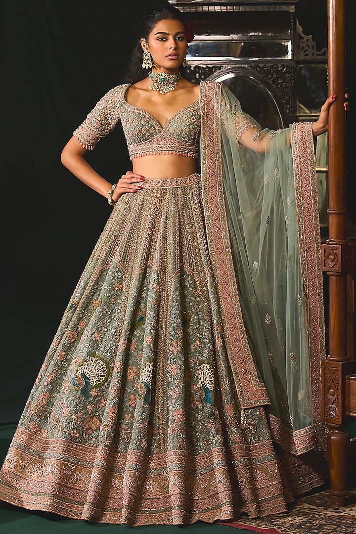 Green Organza Resham Embroidered Bridal Lehenga Set by ROQA at Pernia's Pop Up Shop