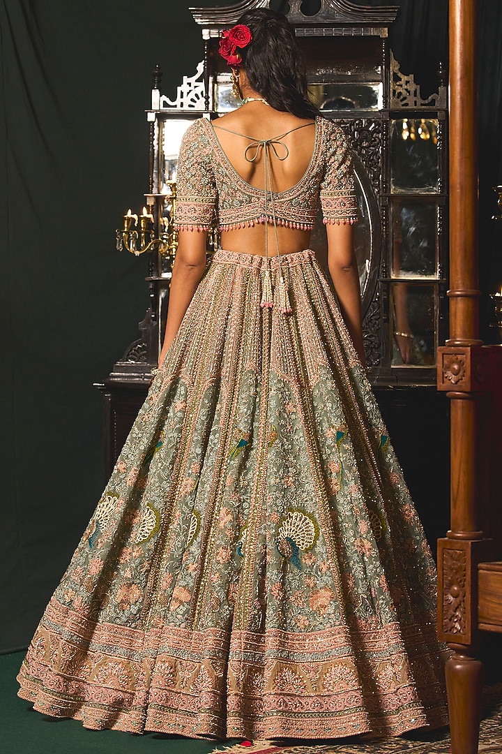 Green Organza Resham Embroidered Bridal Lehenga Set by ROQA | Siddharth Khurana & Kartik Khurana at Pernia's Pop Up Shop