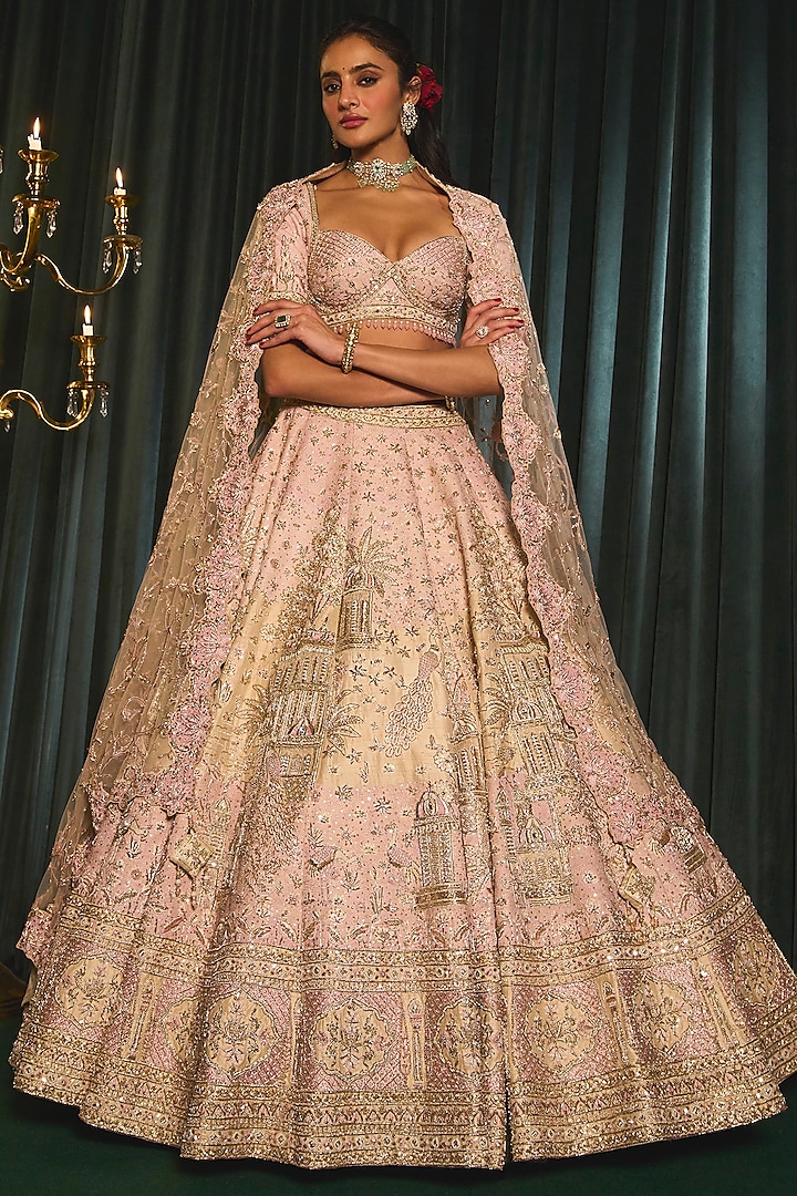 Pink Raw Silk Zardosi Hand Embroidered Bridal Lehenga Set by ROQA at Pernia's Pop Up Shop