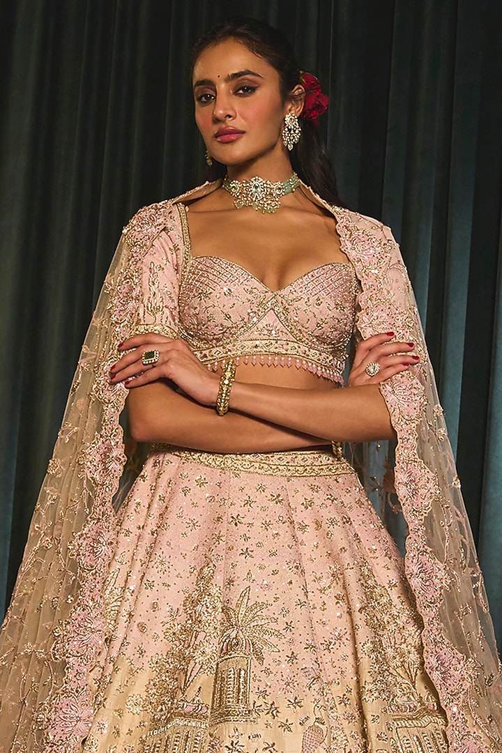 Pink Raw Silk Zardosi Hand Embroidered Bridal Lehenga Set by ROQA | Siddharth Khurana & Kartik Khurana at Pernia's Pop Up Shop