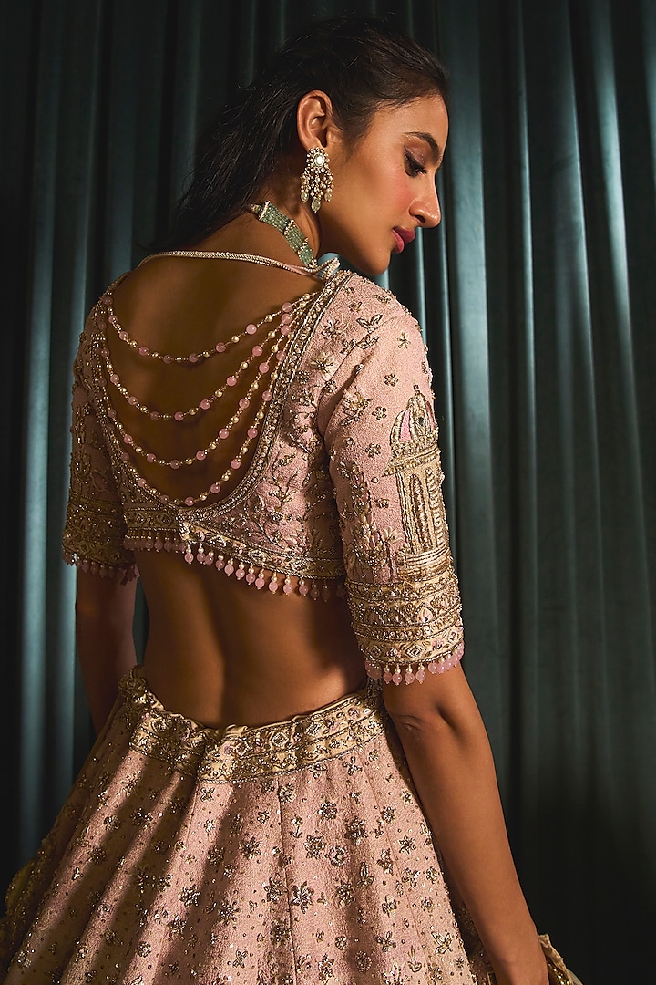 Pink Raw Silk Zardosi Hand Embroidered Bridal Lehenga Set by ROQA | Siddharth Khurana & Kartik Khurana at Pernia's Pop Up Shop