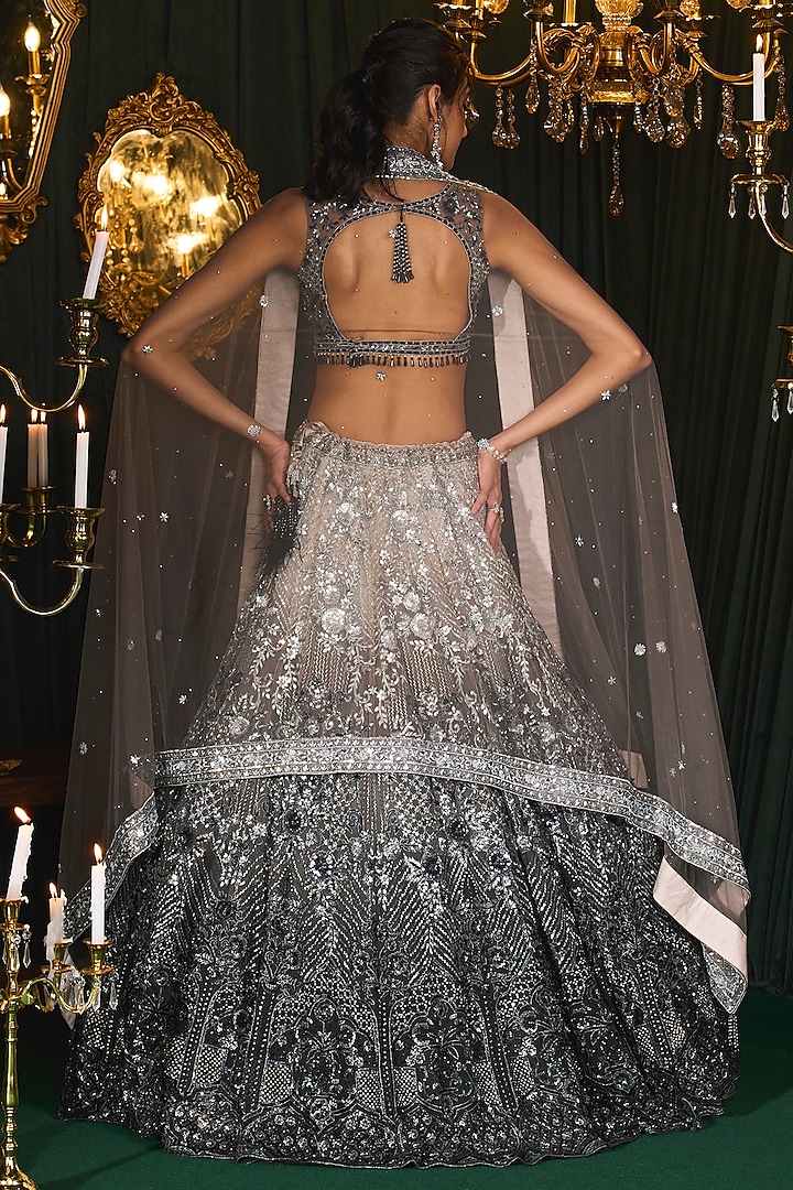 Black Net Ombre Cutdana Embroidered Bridal Lehenga Set by ROQA | Siddharth Khurana & Kartik Khurana at Pernia's Pop Up Shop