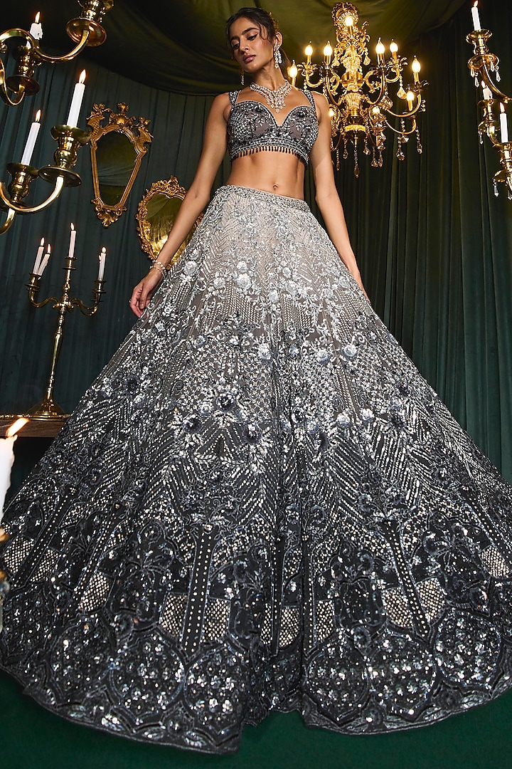 Black Net Ombre Cutdana Embroidered Bridal Lehenga Set by ROQA | Siddharth Khurana & Kartik Khurana at Pernia's Pop Up Shop