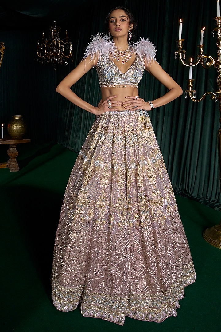 Lavender Net Resham Work Bridal Lehenga Set by ROQA at Pernia's Pop Up Shop