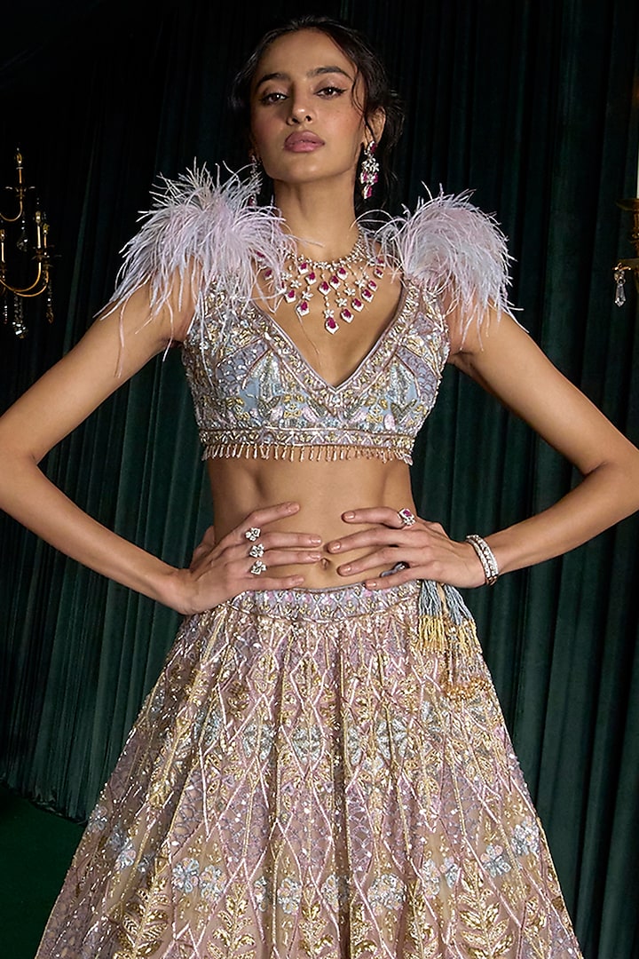 Lavender Net Resham Work Bridal Lehenga Set by ROQA | Siddharth Khurana & Kartik Khurana at Pernia's Pop Up Shop